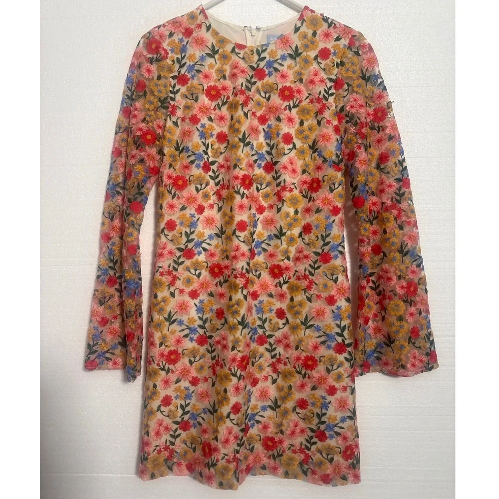 Antonio Melani Nat Note Floral Embroidered Mini Dress Sheer Sleeve Sz 6/S *